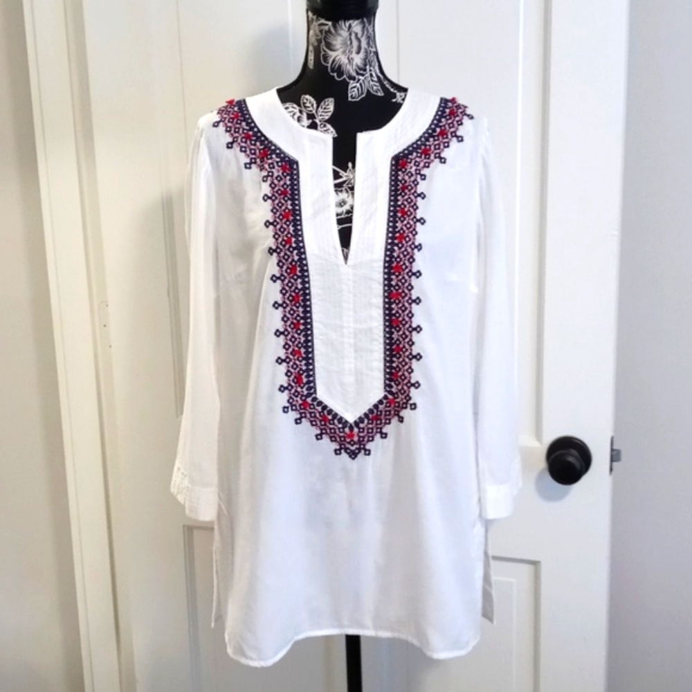 ❤️HTF Tory Burch❤️ - White/Navy/Red Embroidered Tunic Top